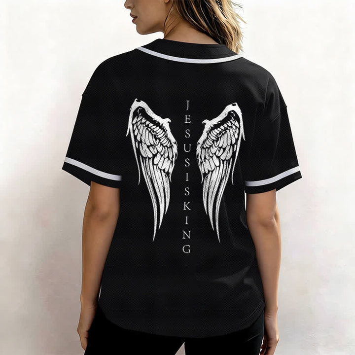 Christianartworkshop Jesus Is King Angel Wings Cross Faith Statement Custom Baseball Jersey - image 3