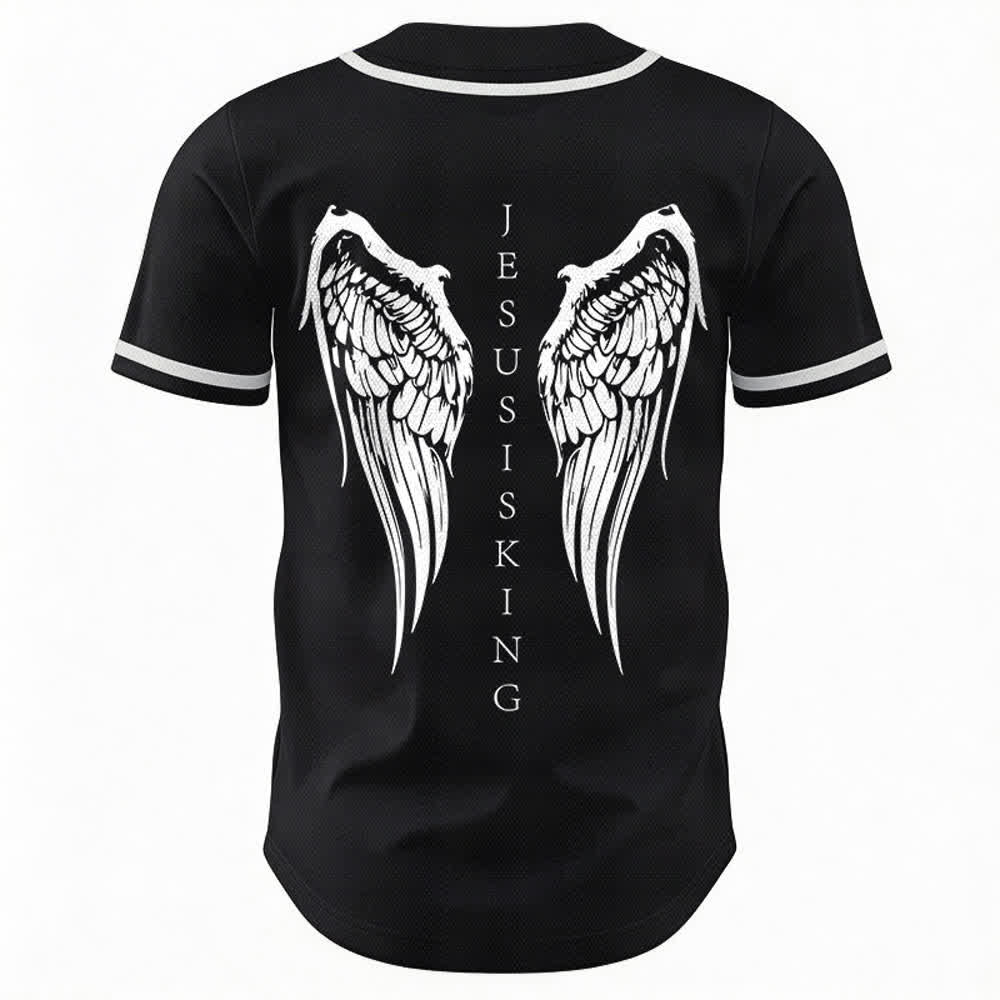 Christianartworkshop Jesus Is King Angel Wings Cross Faith Statement Custom Baseball Jersey - image 1