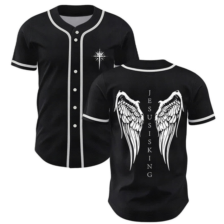 Christianartworkshop Jesus Is King Angel Wings Cross Faith Statement Custom Baseball Jersey - Black - 5XL - image 0
