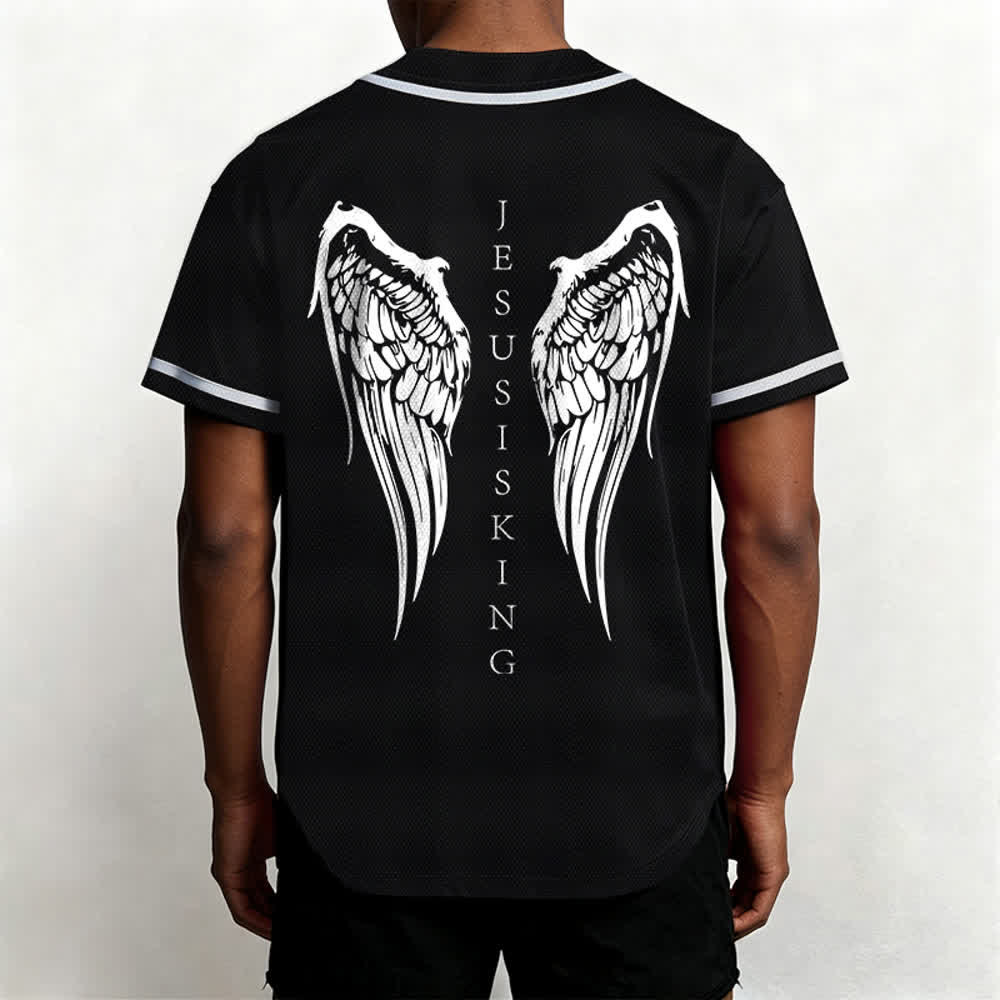 Christianartworkshop Jesus Is King Angel Wings Cross Faith Statement Custom Baseball Jersey - image 5