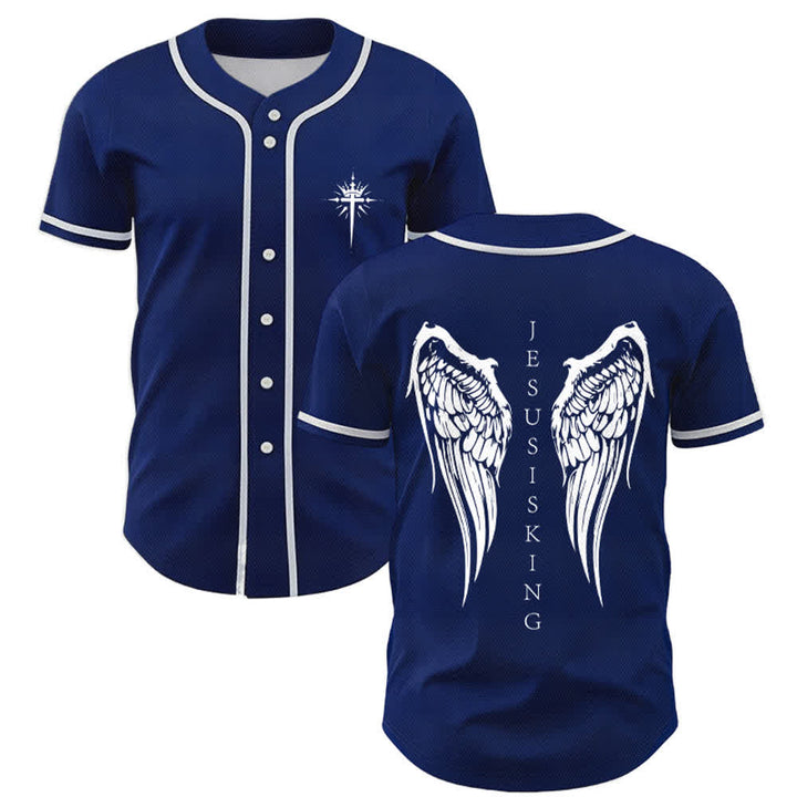 Christianartworkshop Jesus Is King Angel Wings Cross Faith Statement Custom Baseball Jersey - Navy Blue - 5XL - image 7