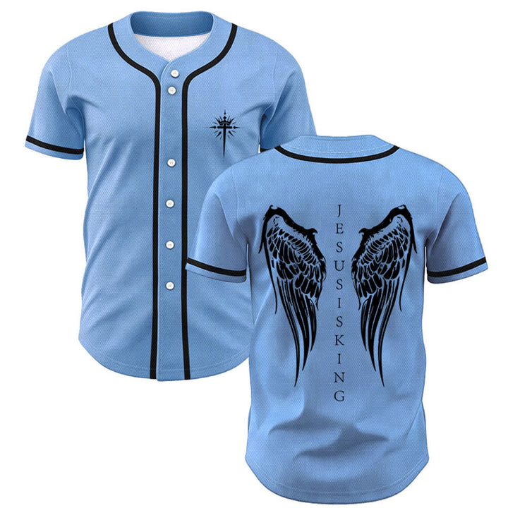 Christianartworkshop Jesus Is King Angel Wings Cross Faith Statement Custom Baseball Jersey - Blue - 5XL - image 42