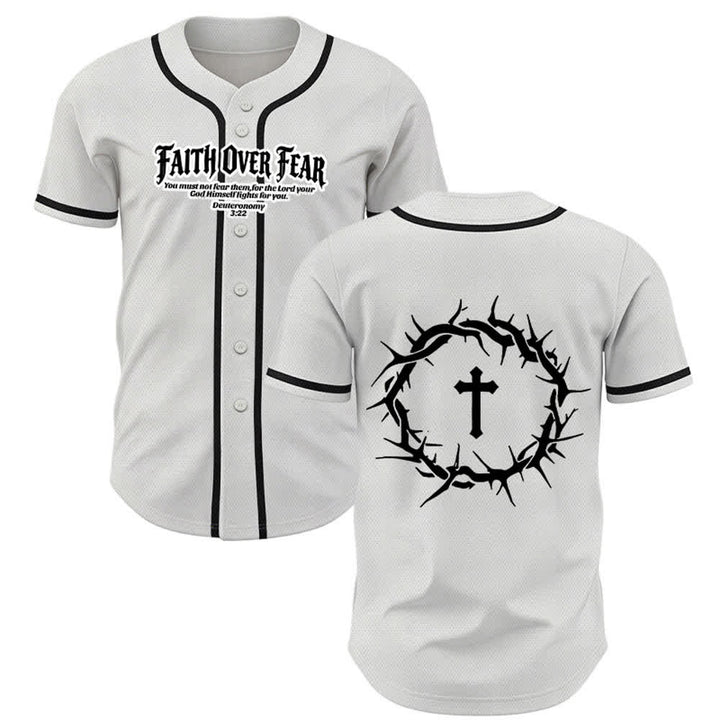 Christianartworkshop Faith Over Fear Deuteronomy 3:22 Crown of Thorns Cross Statement Baseball Jersey - White - 5XL - image 0