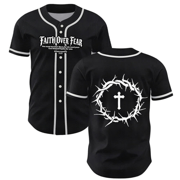 Christianartworkshop Faith Over Fear Deuteronomy 3:22 Crown of Thorns Cross Statement Baseball Jersey - Black - 5XL - image 7