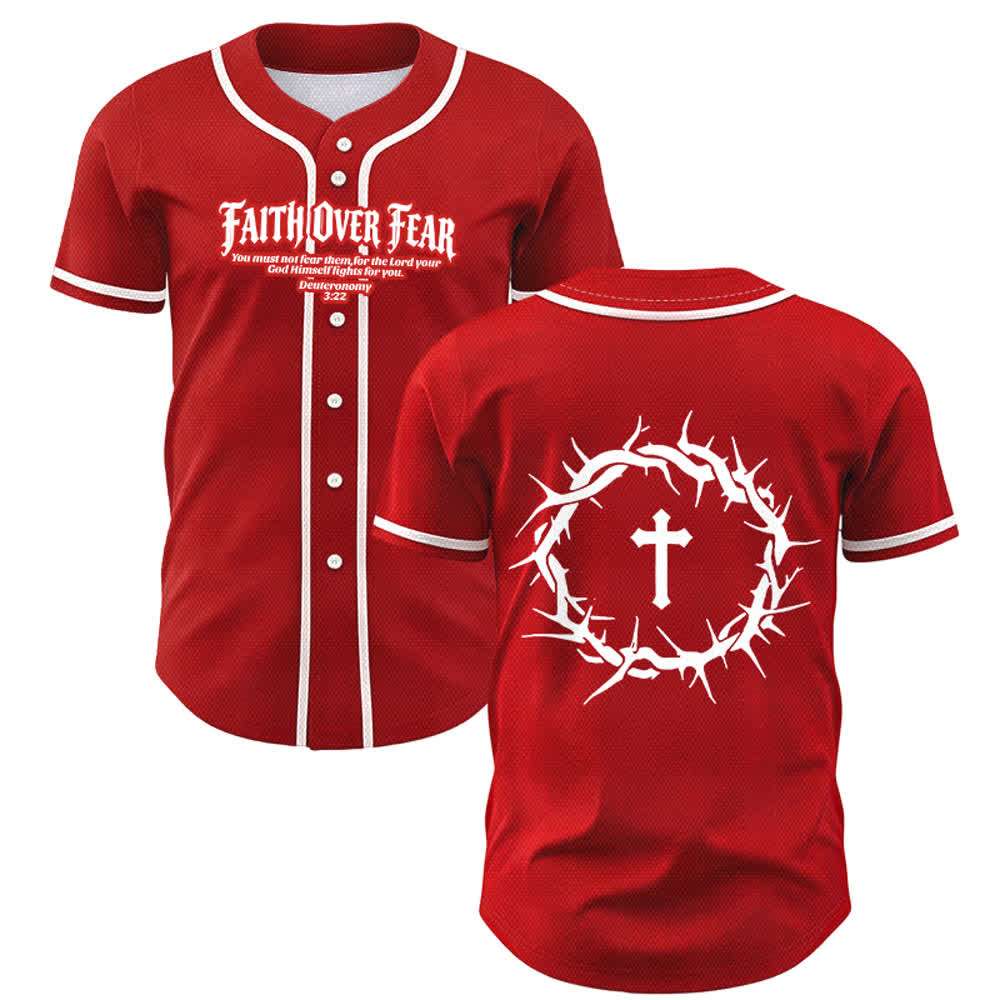 Christianartworkshop Faith Over Fear Deuteronomy 3:22 Crown of Thorns Cross Statement Baseball Jersey - Red - 5XL - image 28