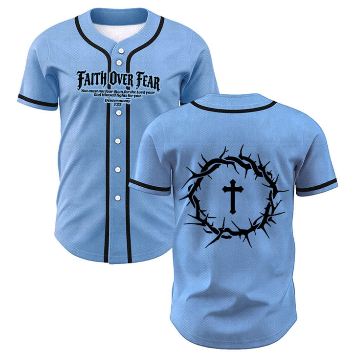 Christianartworkshop Faith Over Fear Deuteronomy 3:22 Crown of Thorns Cross Statement Baseball Jersey - Blue - 5XL - image 42