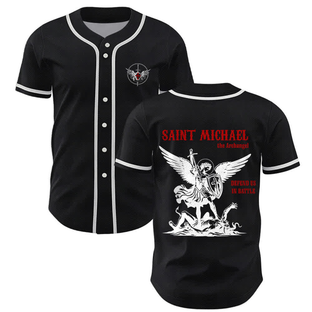 Christianartworkshop St.Michael Archangel Defend Us Unisex Baseball Jersey - Black - 5XL - image 7