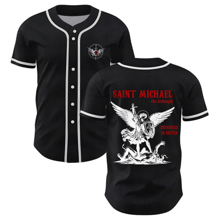 Christianartworkshop St.Michael Archangel Defend Us Unisex Baseball Jersey - Black - 5XL - image 7