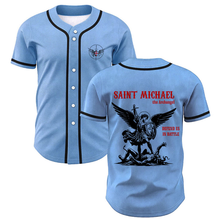 Christianartworkshop St.Michael Archangel Defend Us Unisex Baseball Jersey - Blue - 5XL - image 28