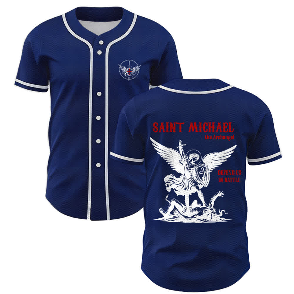 Christianartworkshop St.Michael Archangel Defend Us Unisex Baseball Jersey - Navy Blue - 5XL - image 35