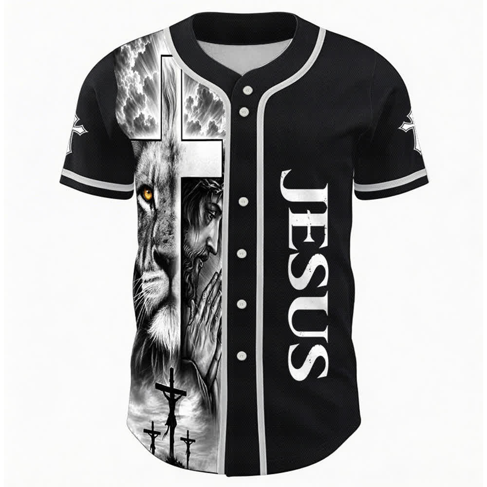 Christianartworkshop Lion Cross Jesus Faith Personalized Name Number Unisex Custom Baseball Jersey - image 1