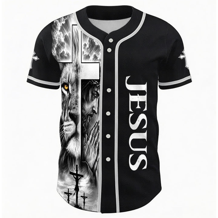 Christianartworkshop Lion Cross Jesus Faith Personalized Name Number Unisex Custom Baseball Jersey - image 1