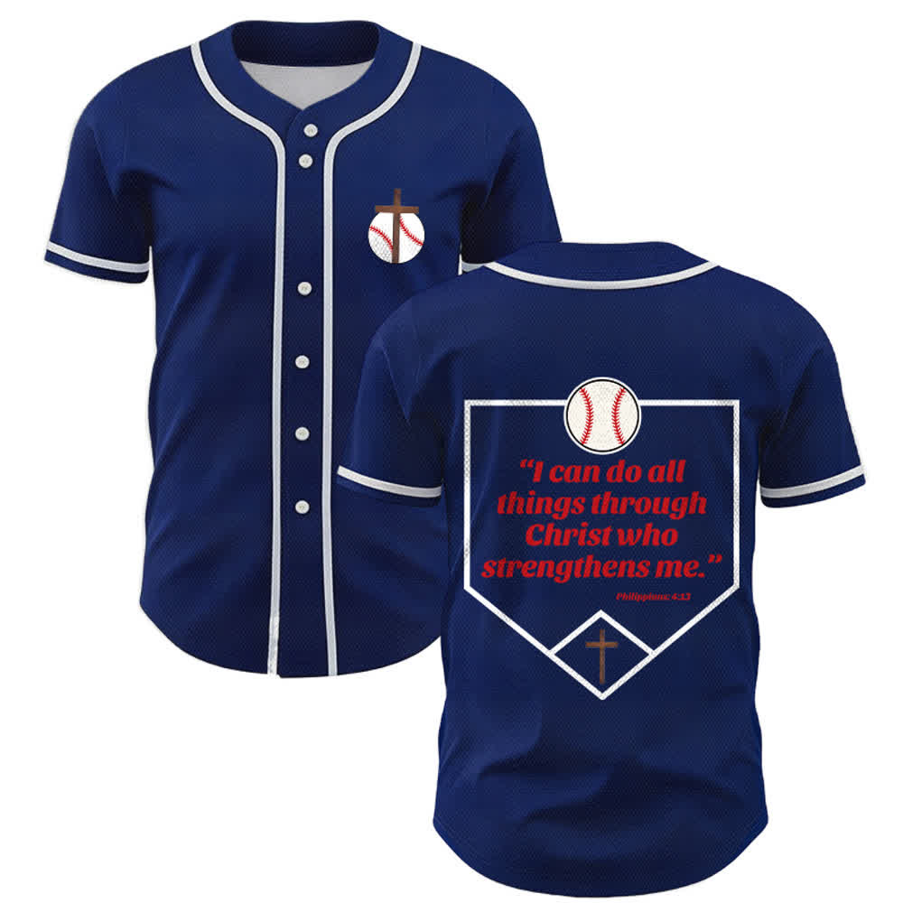 Christianartworkshop Philippians 4:13 Faith Baseball Jersey: Baseball Cross Motto Strength Devotion Athletic Shirt - Navy Blue - 5XL - image 0