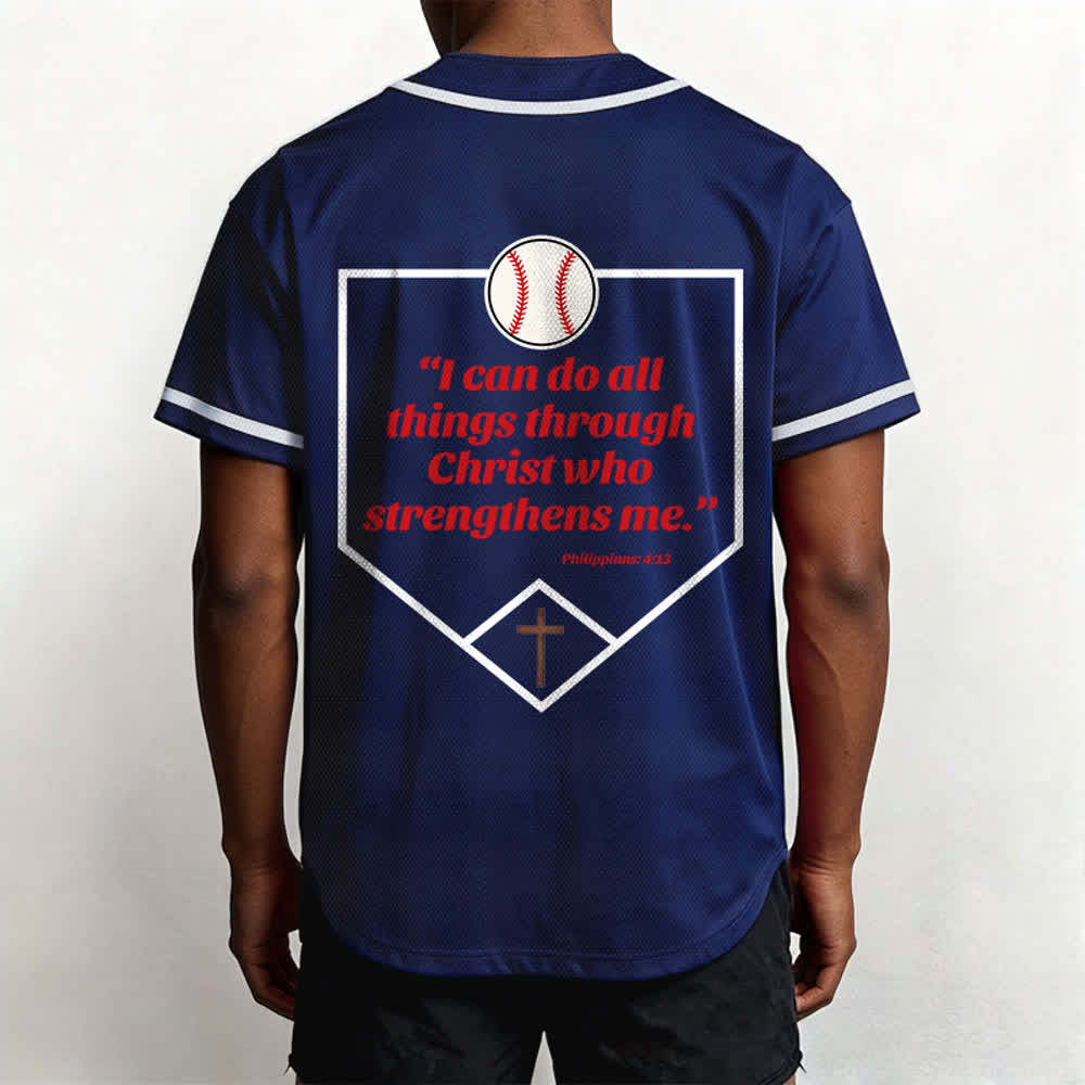 Christianartworkshop Philippians 4:13 Faith Baseball Jersey: Baseball Cross Motto Strength Devotion Athletic Shirt - image 3