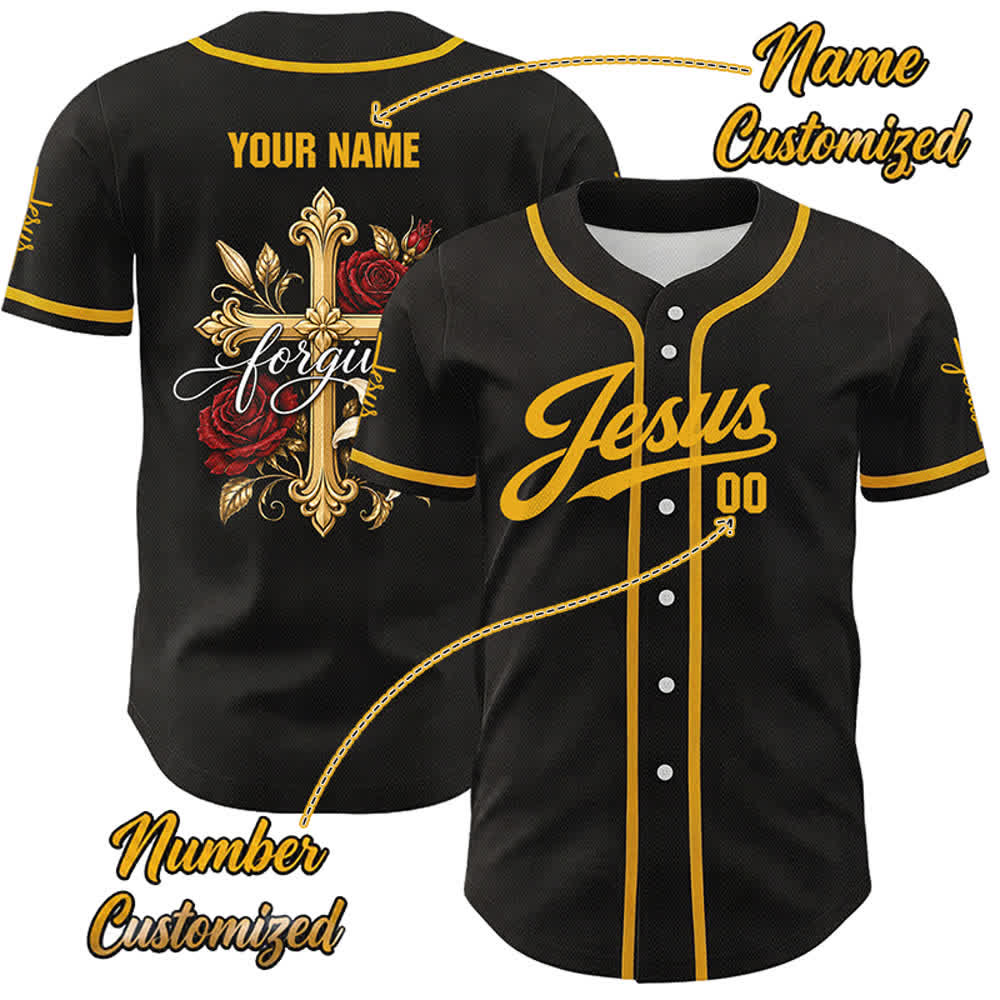 Christianartworkshop Jesus Forgive Golden Cross Red Rose Unisex Custom Baseball Jersey - 5XL - Name & Number Customized - image 0