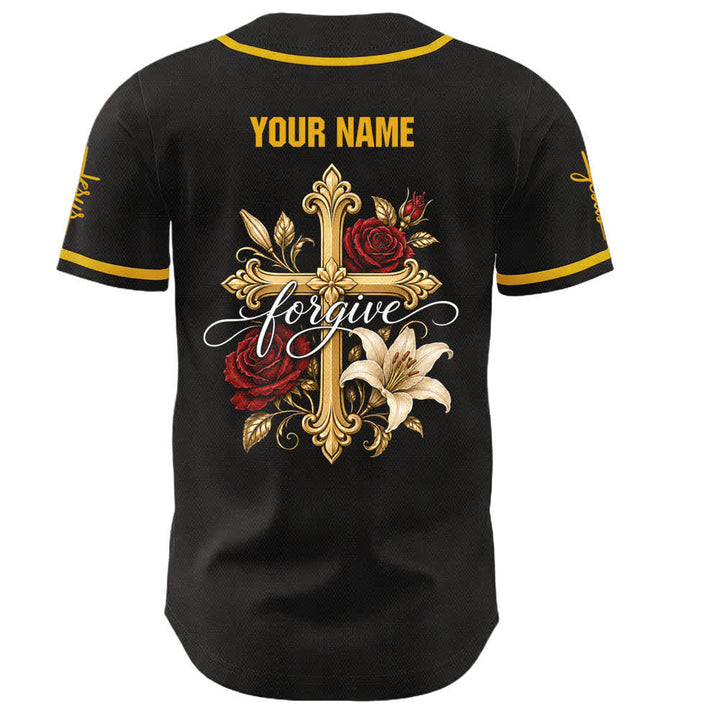 Christianartworkshop Jesus Forgive Golden Cross Red Rose Unisex Custom Baseball Jersey - image 3