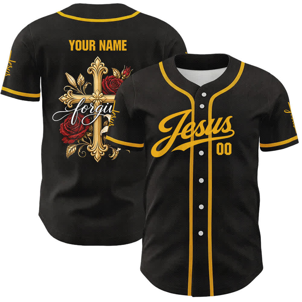 Christianartworkshop Jesus Forgive Golden Cross Red Rose Unisex Custom Baseball Jersey - image 1