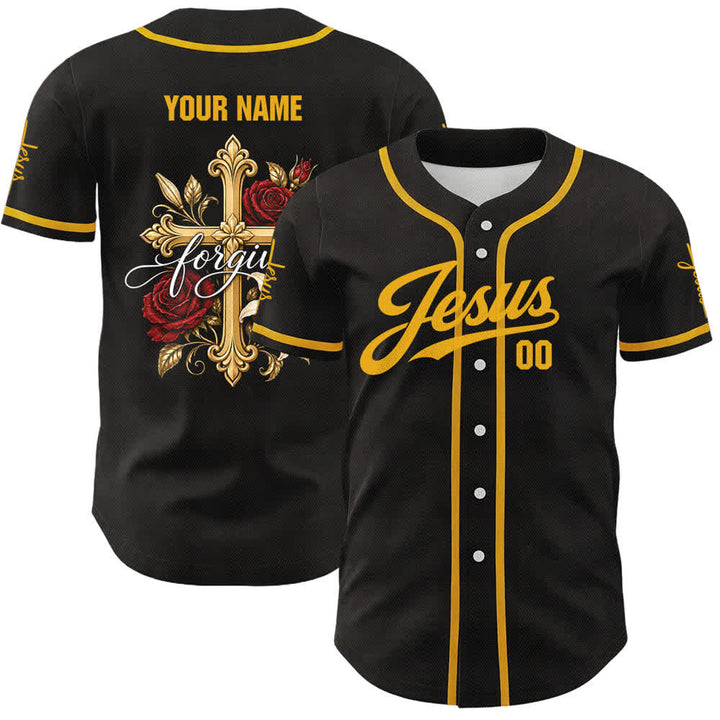 Christianartworkshop Jesus Forgive Golden Cross Red Rose Unisex Custom Baseball Jersey - image 1