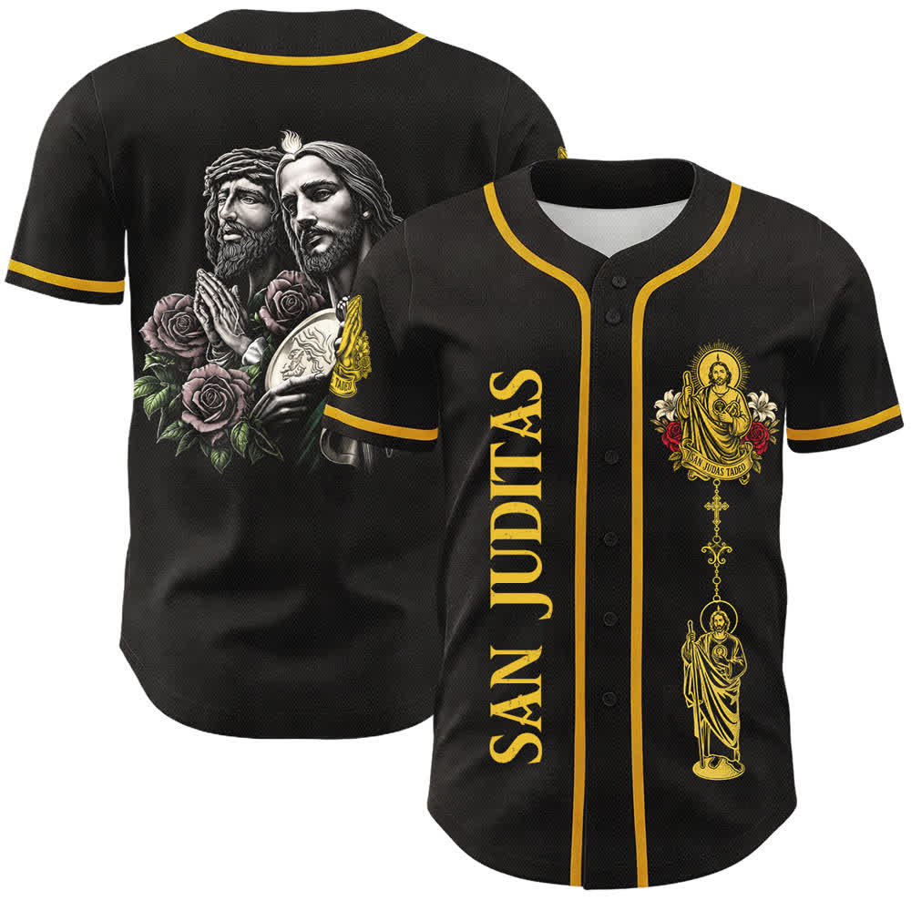 Christianartworkshop San Juditas with Rose Portrait Button-Up Baseball Jersey - Black - 5XL - image 0