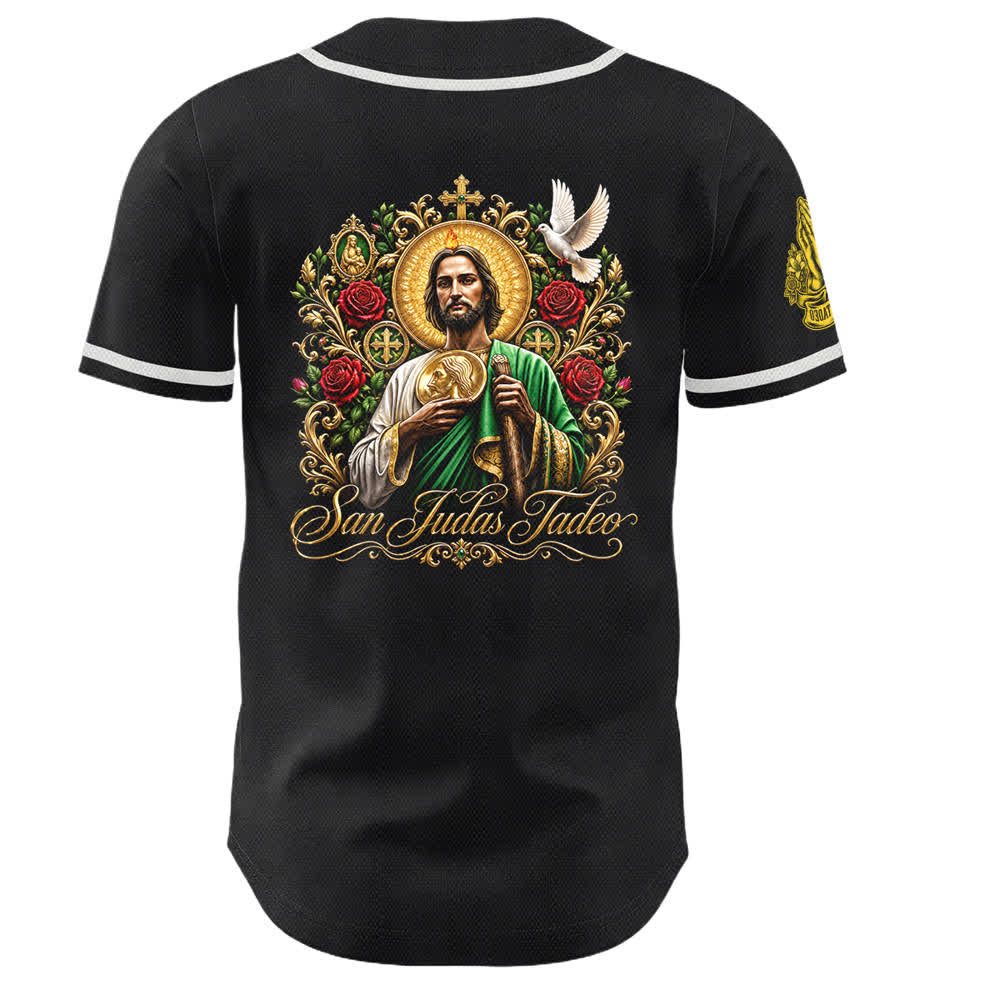 Christianartworkshop Front Vertical San Juditas Rosary Saint Graphic Back Lily Dove Saint Portrait Button-Up Baseball Jersey - image 8