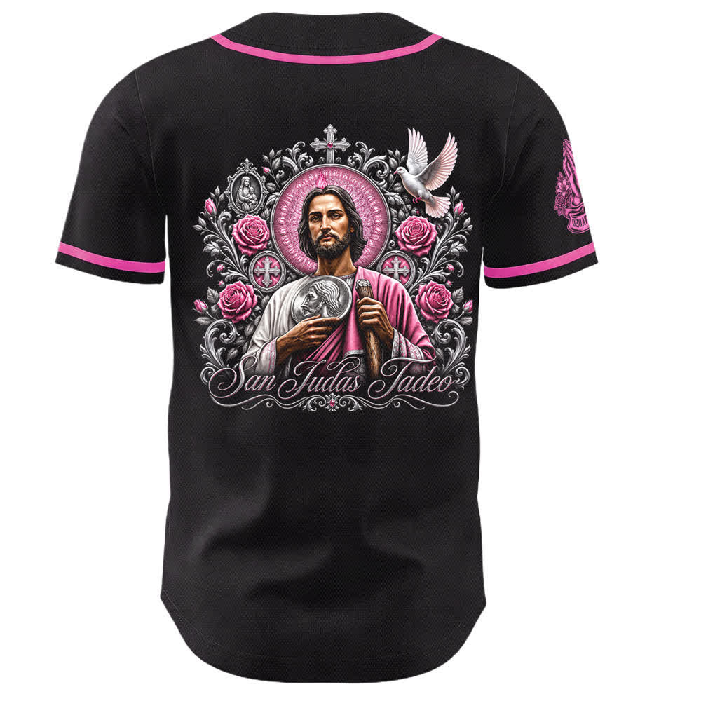 Christianartworkshop Front Vertical San Juditas Rosary Saint Graphic Back Lily Dove Saint Portrait Button-Up Baseball Jersey - image 5