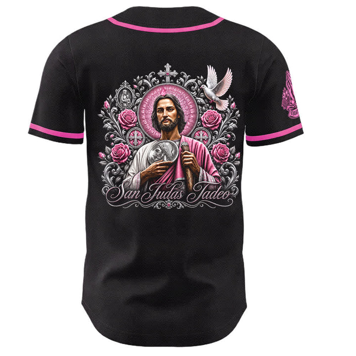 Christianartworkshop Front Vertical San Juditas Rosary Saint Graphic Back Lily Dove Saint Portrait Button-Up Baseball Jersey - image 5
