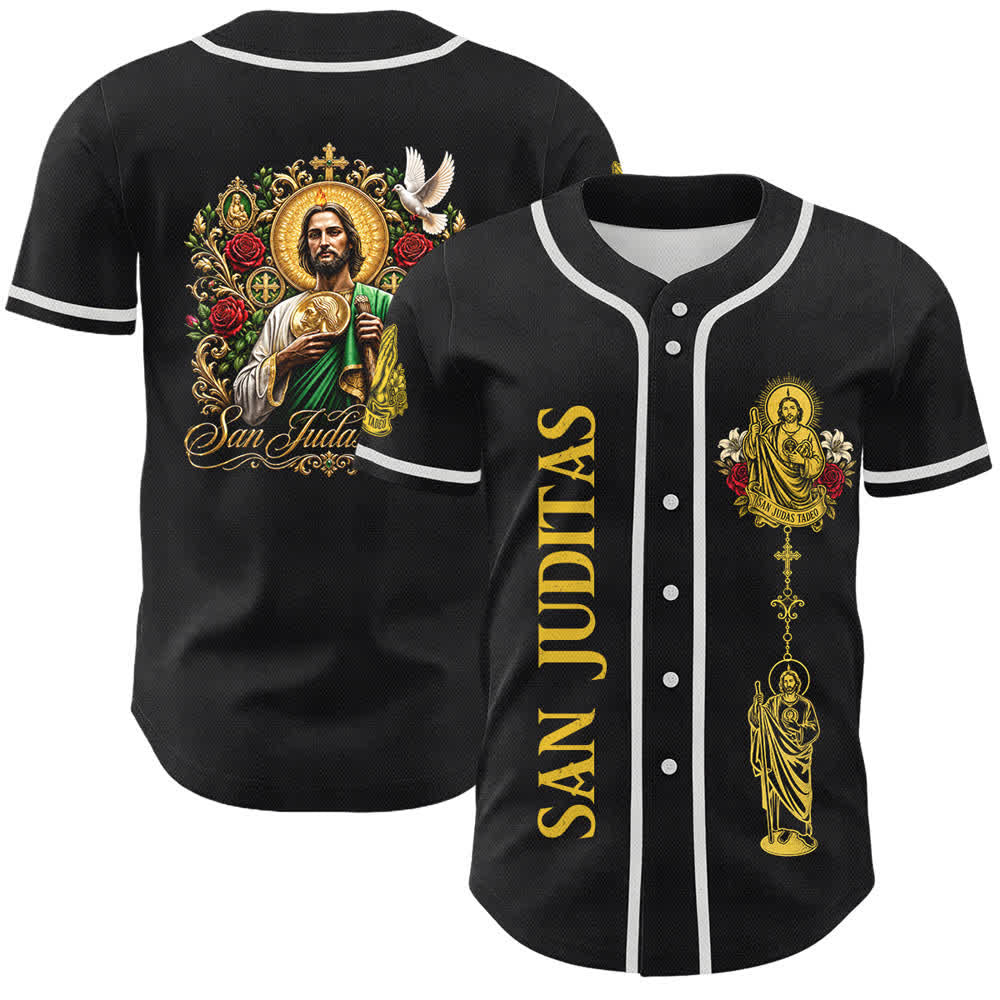 Christianartworkshop Front Vertical San Juditas Rosary Saint Graphic Back Lily Dove Saint Portrait Button-Up Baseball Jersey - Black - Yellow - 5XL - image 6