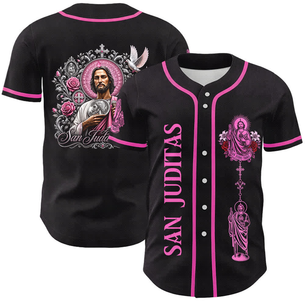 Christianartworkshop Front Vertical San Juditas Rosary Saint Graphic Back Lily Dove Saint Portrait Button-Up Baseball Jersey - Black - Pink - 5XL - image 3