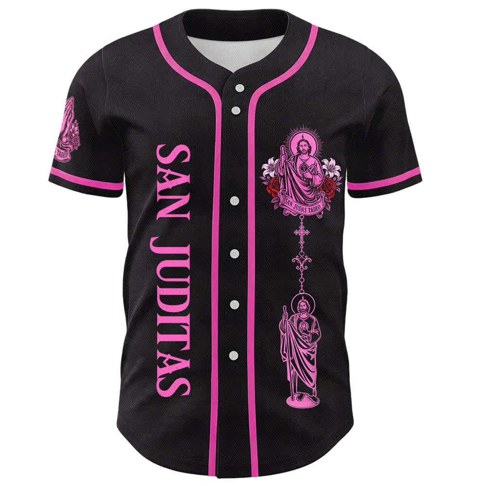 Christianartworkshop Front Vertical San Juditas Rosary Saint Graphic Back Lily Dove Saint Portrait Button-Up Baseball Jersey - image 4