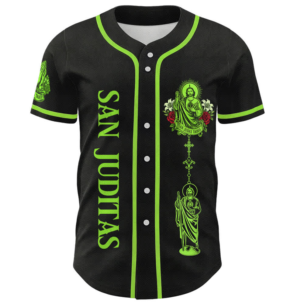 Christianartworkshop Front Vertical San Juditas Rosary Saint Graphic Back Lily Dove Saint Portrait Button-Up Baseball Jersey - image 1