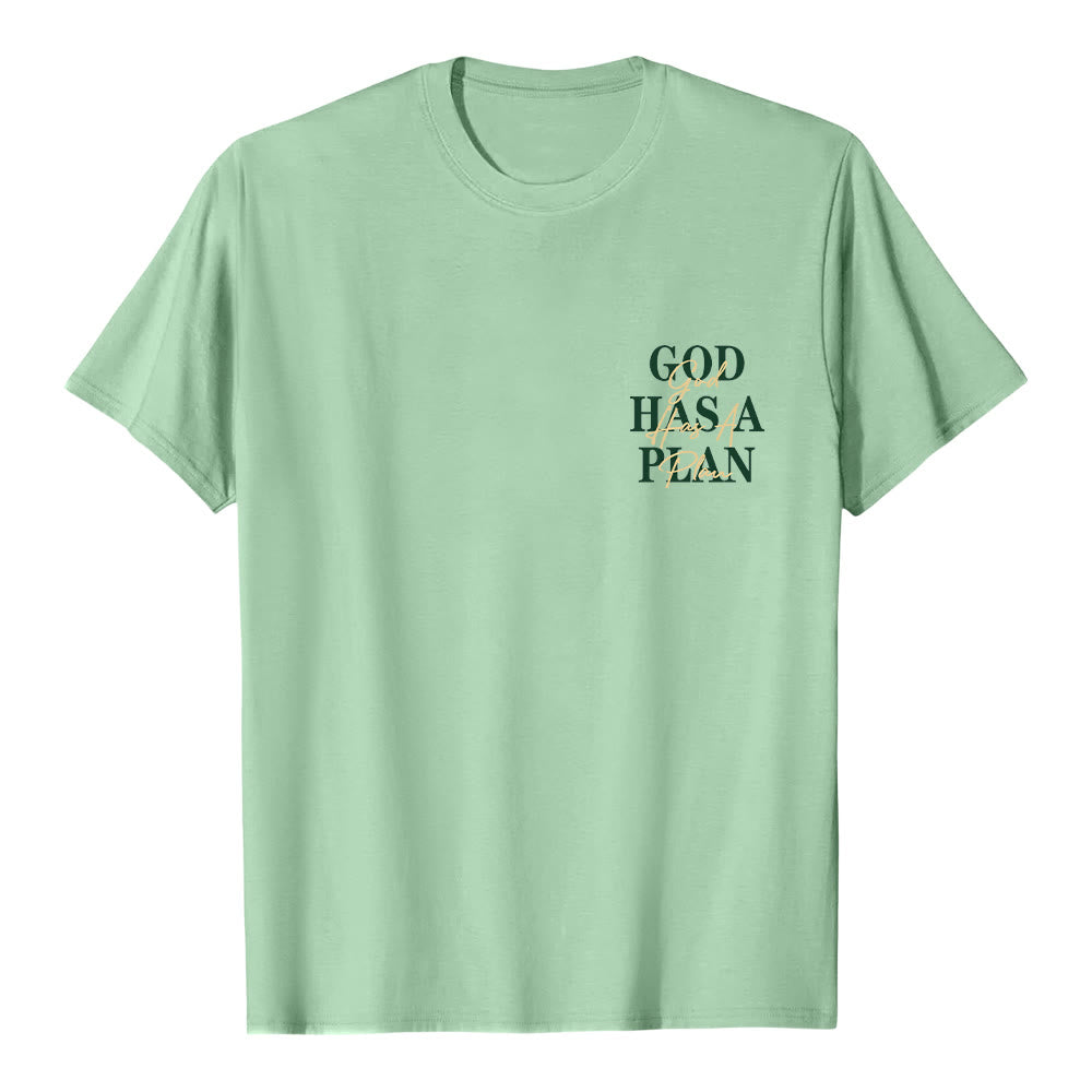 Christianartworkshop God Has A Plan Double-Side Letter Print Classic T-shirt - Light Green - 2XL - image 0