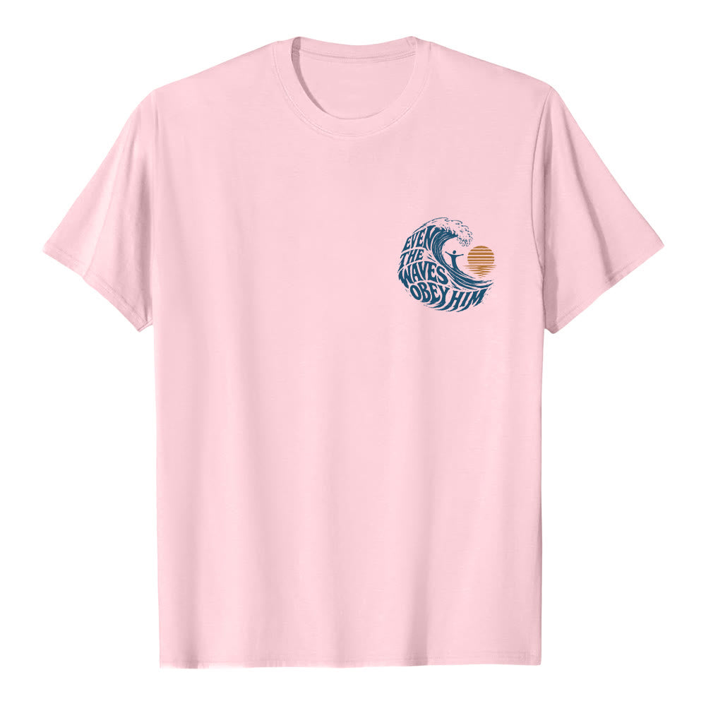 Christianartworkshop Even The Waves Obey Him Double-Side Wave Graphic Classic T-shirt - Pink - 2XL - image 3