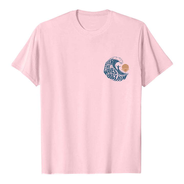 Christianartworkshop Even The Waves Obey Him Double-Side Wave Graphic Classic T-shirt - Pink - 2XL - image 3