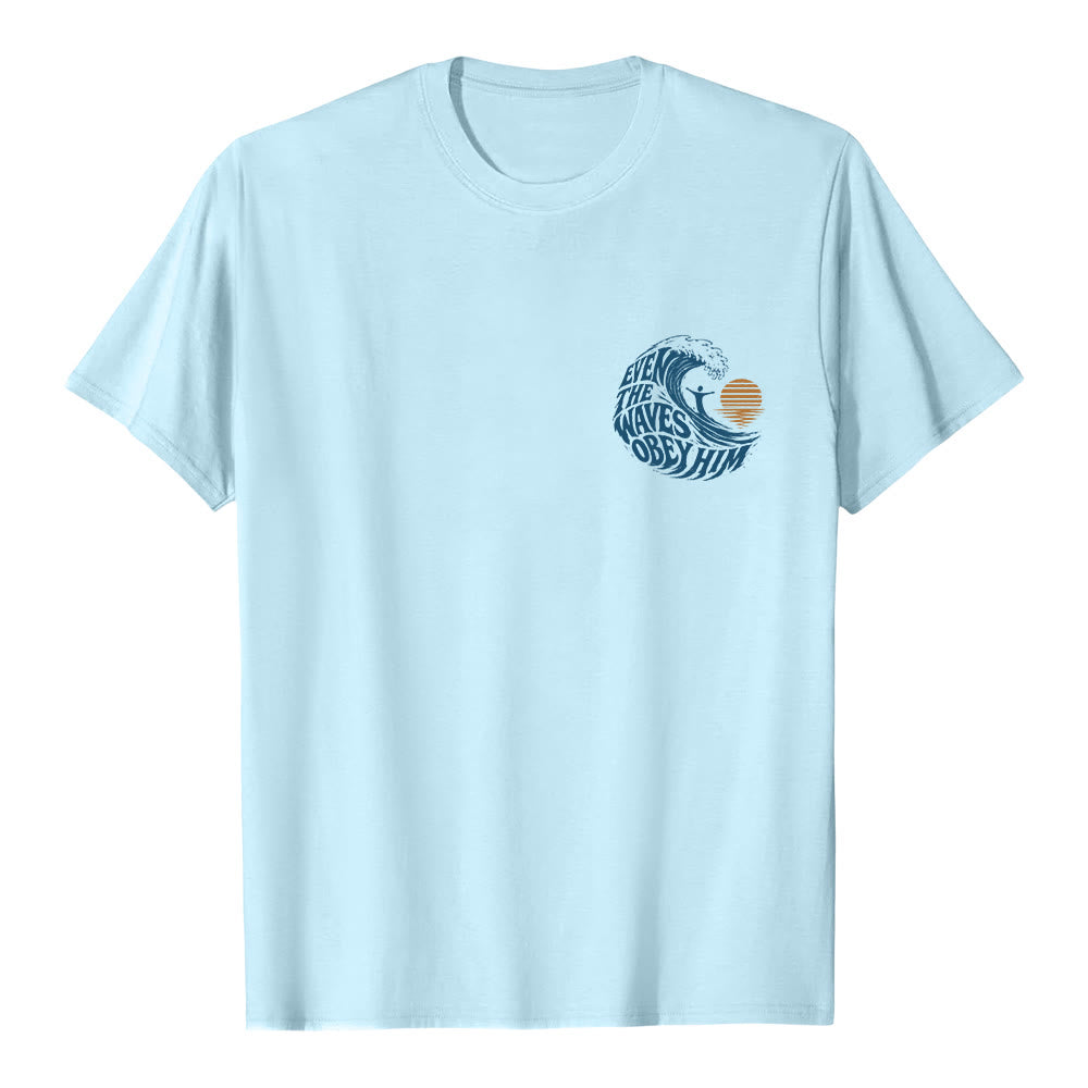 Christianartworkshop Even The Waves Obey Him Double-Side Wave Graphic Classic T-shirt - Blue - 2XL - image 0