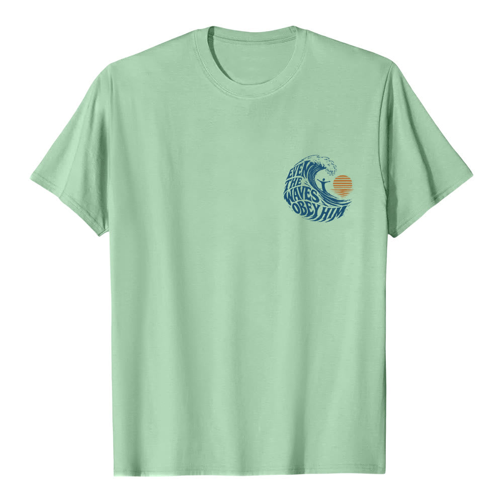 Christianartworkshop Even The Waves Obey Him Double-Side Wave Graphic Classic T-shirt - Light Green - 2XL - image 24