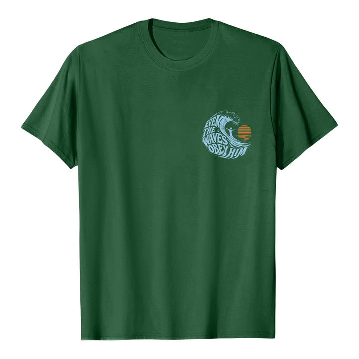 Christianartworkshop Even The Waves Obey Him Double-Side Wave Graphic Classic T-shirt - Dark Green - 2XL - image 15