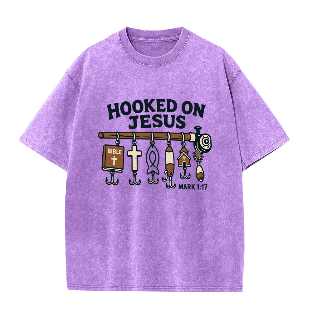 Christianartworkshop Vintage Washed Hooked On Jesus Fishing Graphic Washed T-shirt - Purple - 2XL - image 0