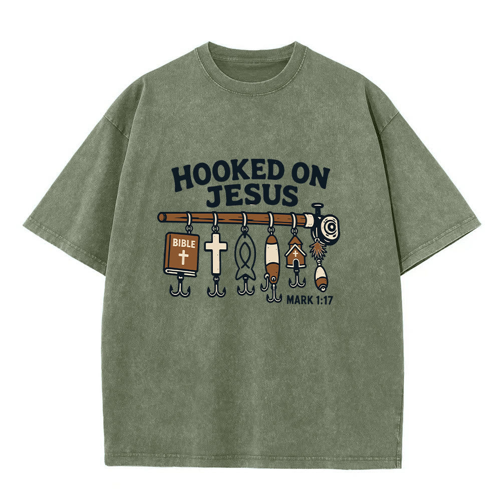 Christianartworkshop Vintage Washed Hooked On Jesus Fishing Graphic Washed T-shirt - Dark Green - 2XL - image 1