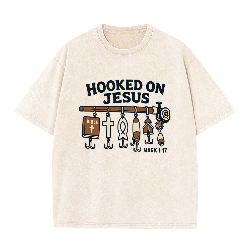 Christianartworkshop Vintage Washed Hooked On Jesus Fishing Graphic Classic T-shirt - White - 2XL - image 1