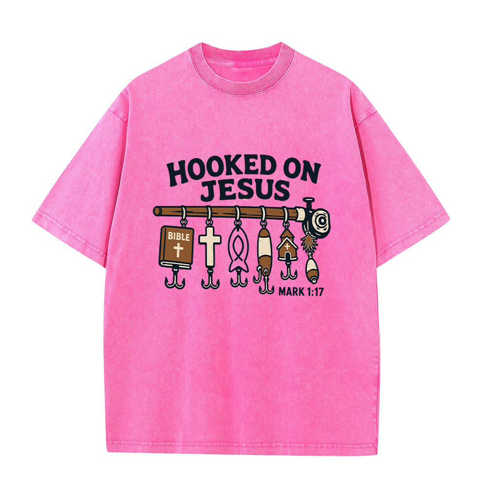 Christianartworkshop Vintage Washed Hooked On Jesus Fishing Graphic Classic T-shirt - Pink - 2XL - image 0