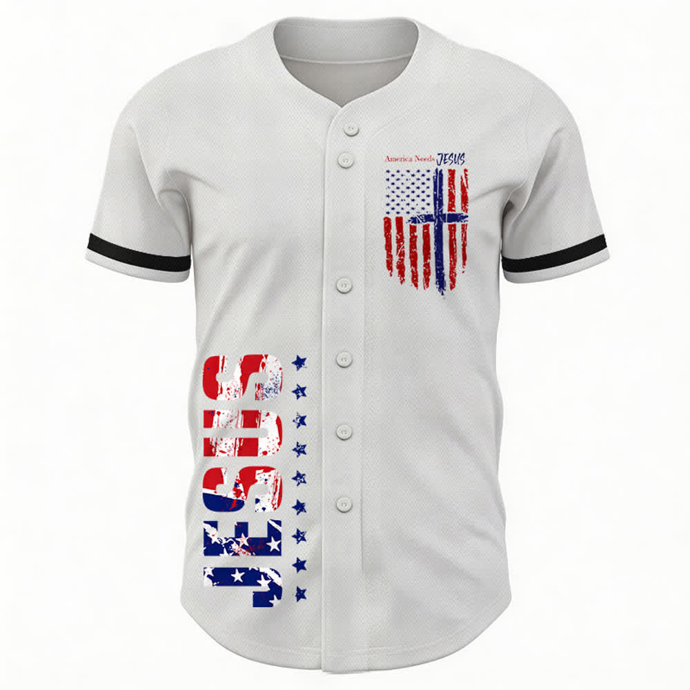 Christianartworkshop Patriotic Jesus Star Stripes Font Front Back Dual Print Black Cuff Baseball Jersey - image 1