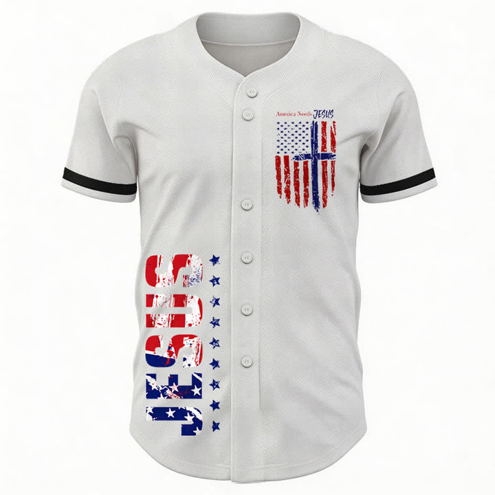 Christianartworkshop Patriotic Jesus Star Stripes Font Front Back Dual Print Black Cuff Baseball Jersey - image 1