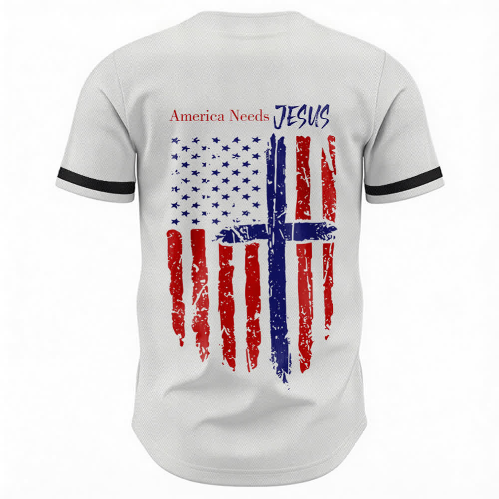 Christianartworkshop Patriotic Jesus Star Stripes Font Front Back Dual Print Black Cuff Baseball Jersey - image 2