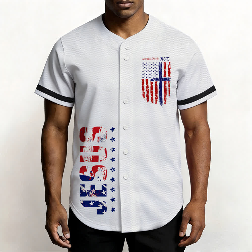 Christianartworkshop Patriotic Jesus Star Stripes Font Front Back Dual Print Black Cuff Baseball Jersey - image 3