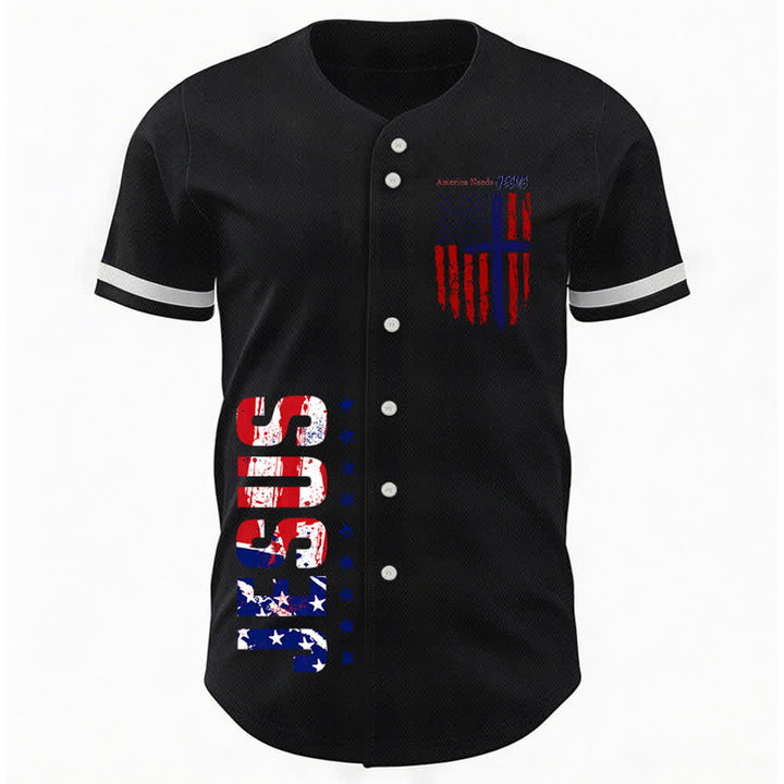 Christianartworkshop Patriotic Jesus Star Stripes Font Front Back Dual Print Black Cuff Baseball Jersey - image 8