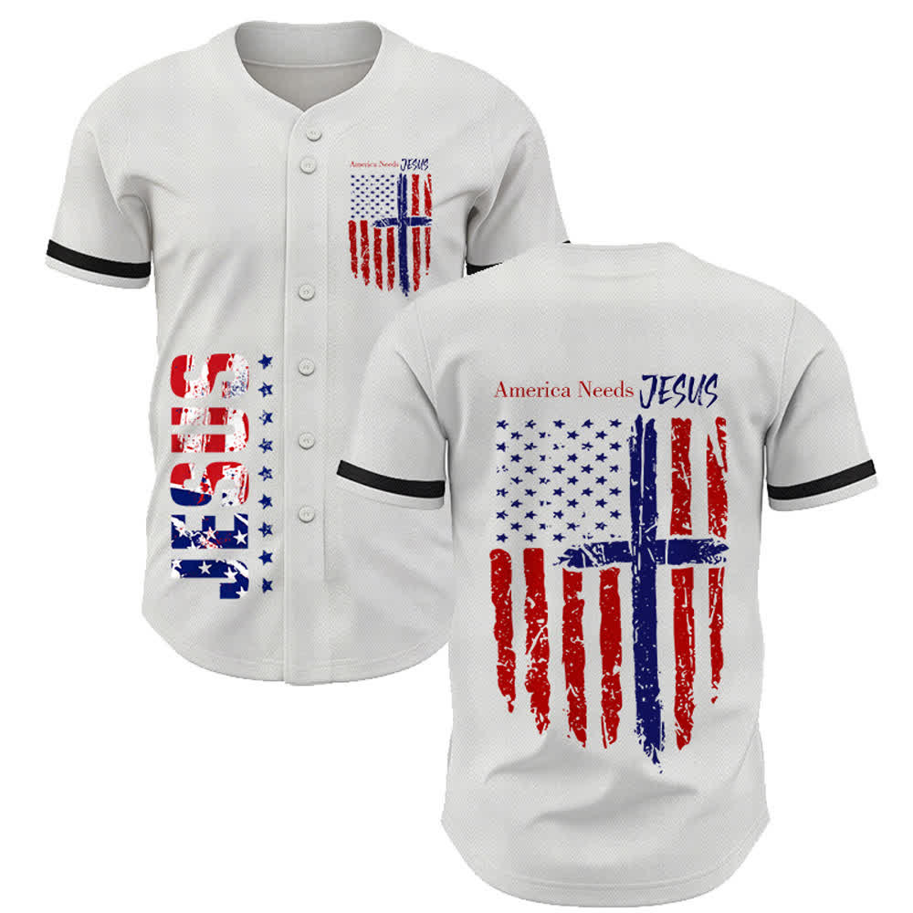 Christianartworkshop Patriotic Jesus Star Stripes Font Front Back Dual Print Black Cuff Baseball Jersey - White - 5XL - image 0