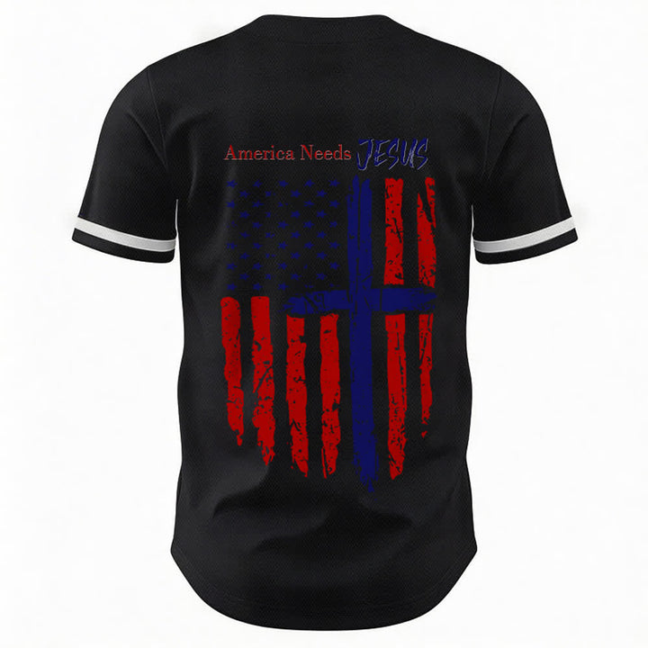 Christianartworkshop Patriotic Jesus Star Stripes Font Front Back Dual Print Black Cuff Baseball Jersey - image 9