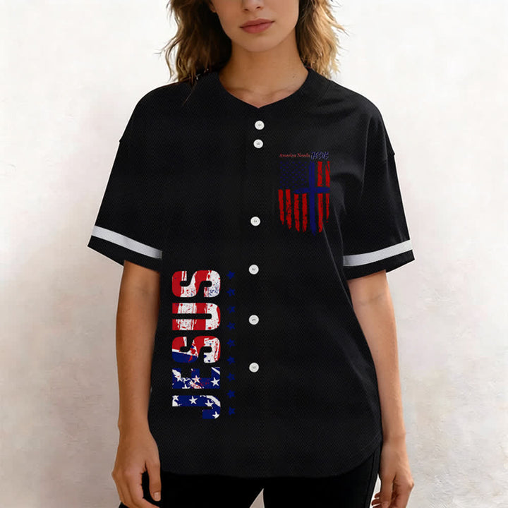 Christianartworkshop Patriotic Jesus Star Stripes Font Front Back Dual Print Black Cuff Baseball Jersey - image 12