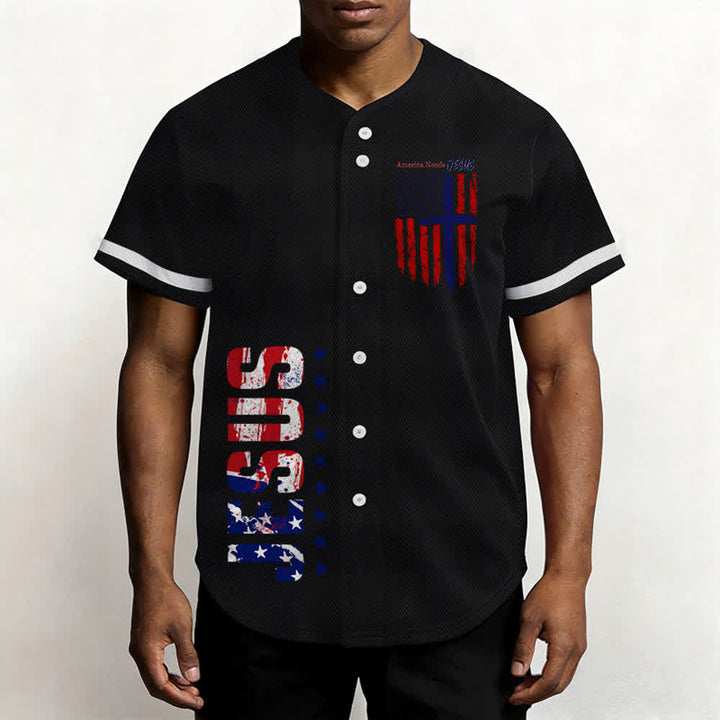 Christianartworkshop Patriotic Jesus Star Stripes Font Front Back Dual Print Black Cuff Baseball Jersey - image 10