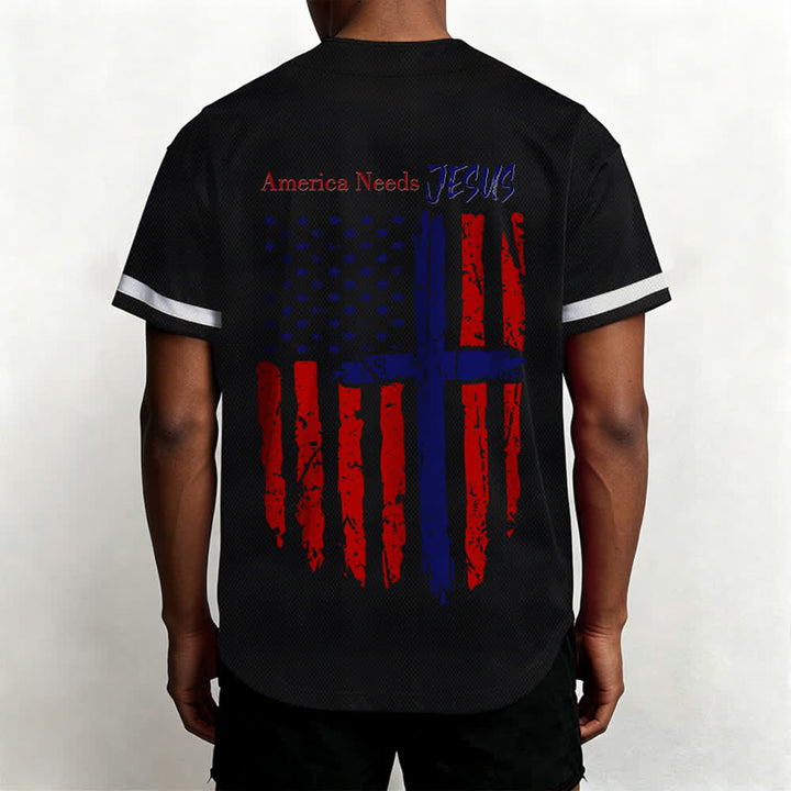 Christianartworkshop Patriotic Jesus Star Stripes Font Front Back Dual Print Black Cuff Baseball Jersey - image 11